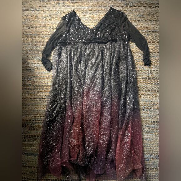 NWT Evening Gown 5X Black Purple Ombre Floor Length Vneck Sheer Overlay Fully Li - Picture 2 of 7